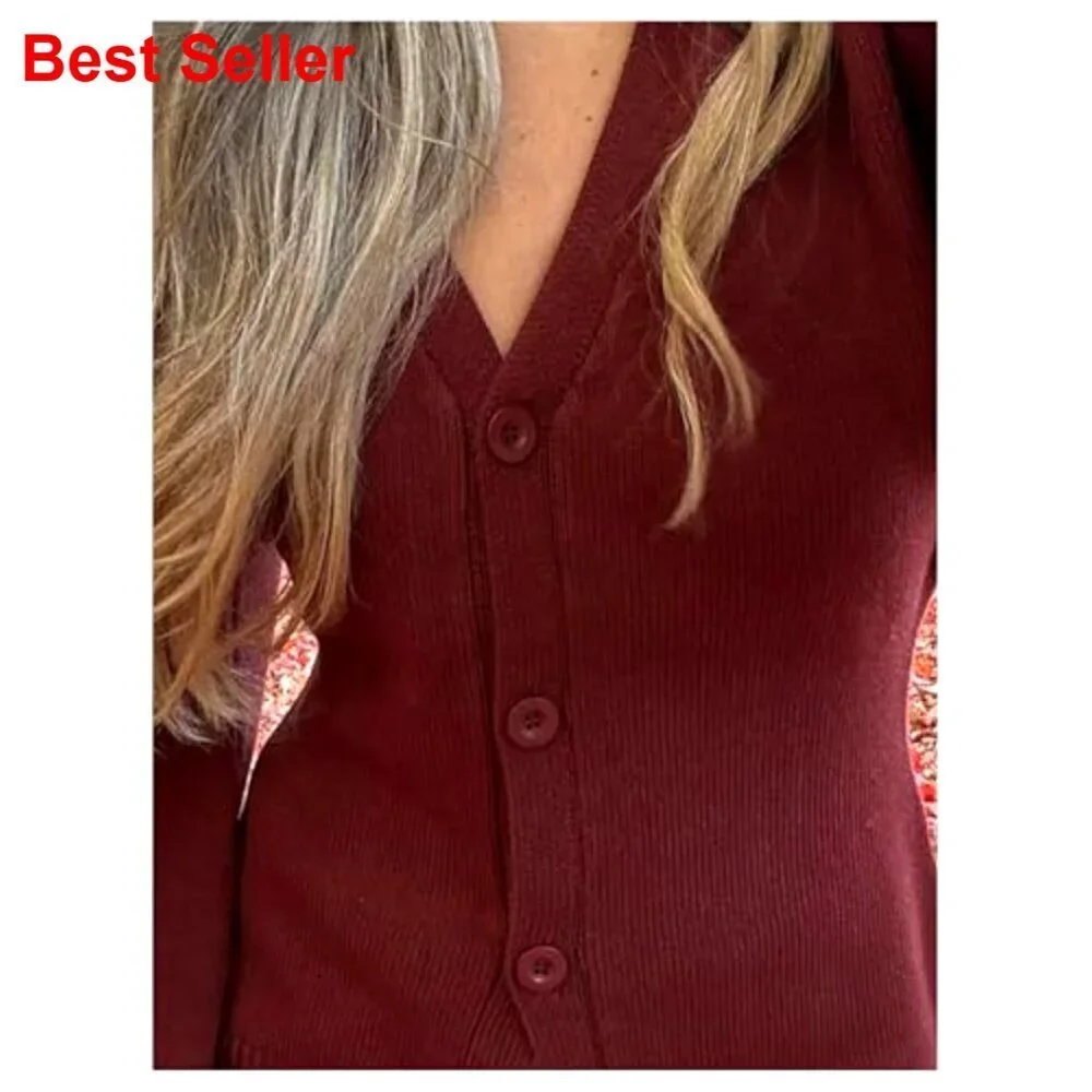 Long Bell Sleeve Cardigan V Neck Button Down Cinched Waist Sweater